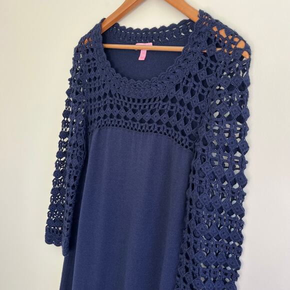 Lilly Pulitzer Sweater Shift Kariana Crochet Navy 100% Wool Dress, Size Large - Picture 11 of 11